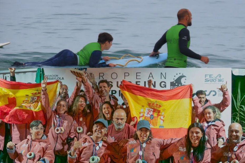 Un collage de 2 fotos arriba anna y su entrenador compitiendo y abajo foto grupal del podio