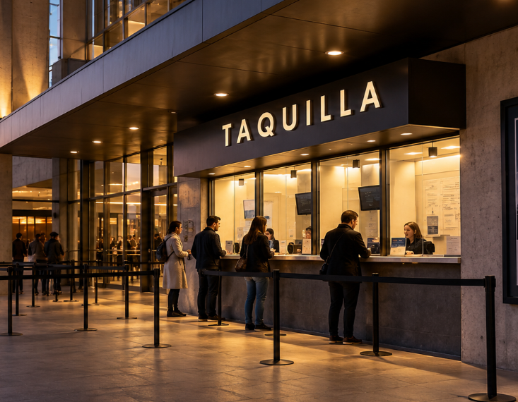 Taquilla exterior de una sala de conciertos al anochecer, con público esperando frente a las ventanillas de venta de entradas.